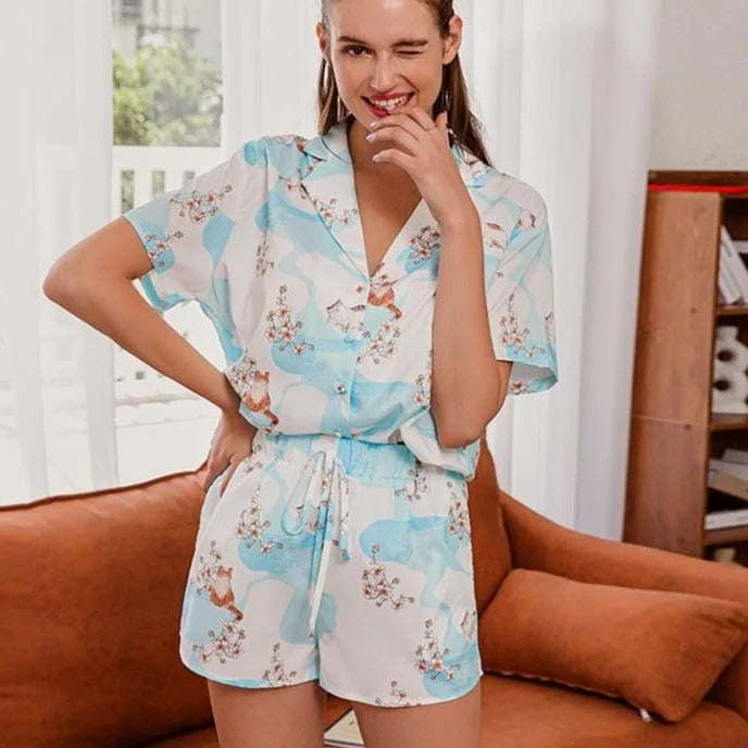 Pyjama femme imprimé chat - bleu / s