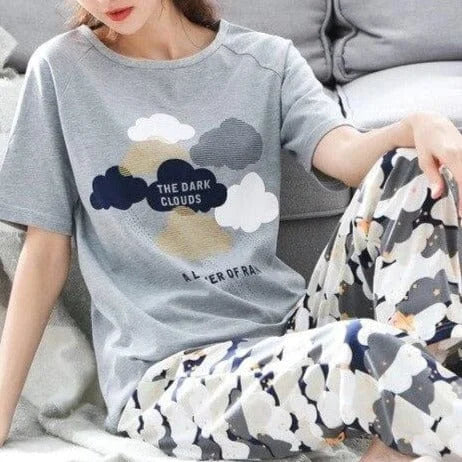 Pyjama long avec motif nuage - gris / s
