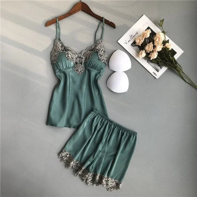 Pyjama pour femme avec dentelle florale - vert / s