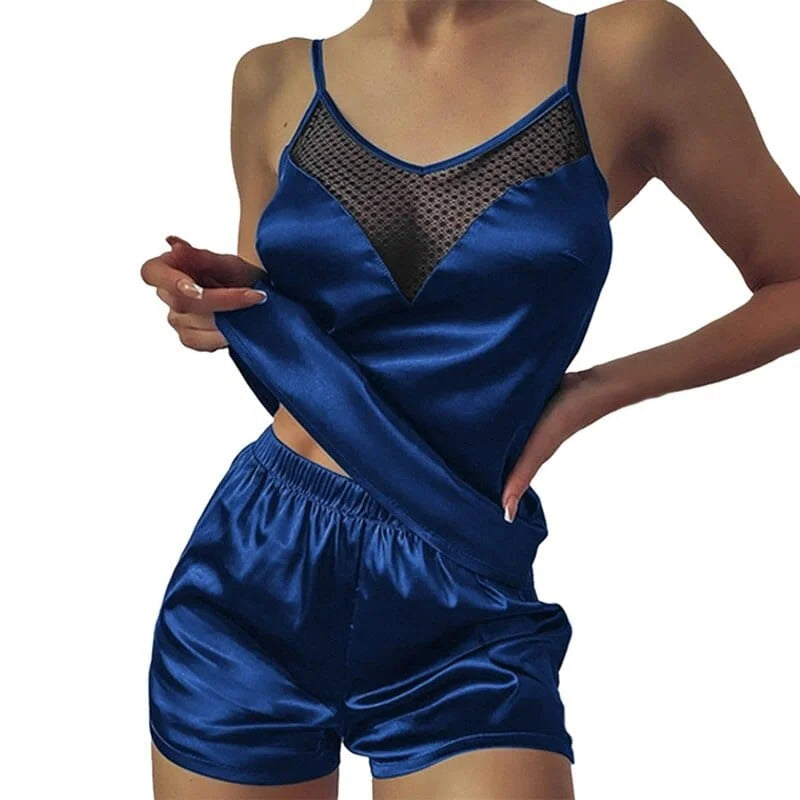 Pyjama pour femme avec maille sur le buste - bleu marine / s