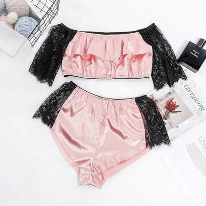 Pyjama pour femmes avec manches en dentelle - rose / s