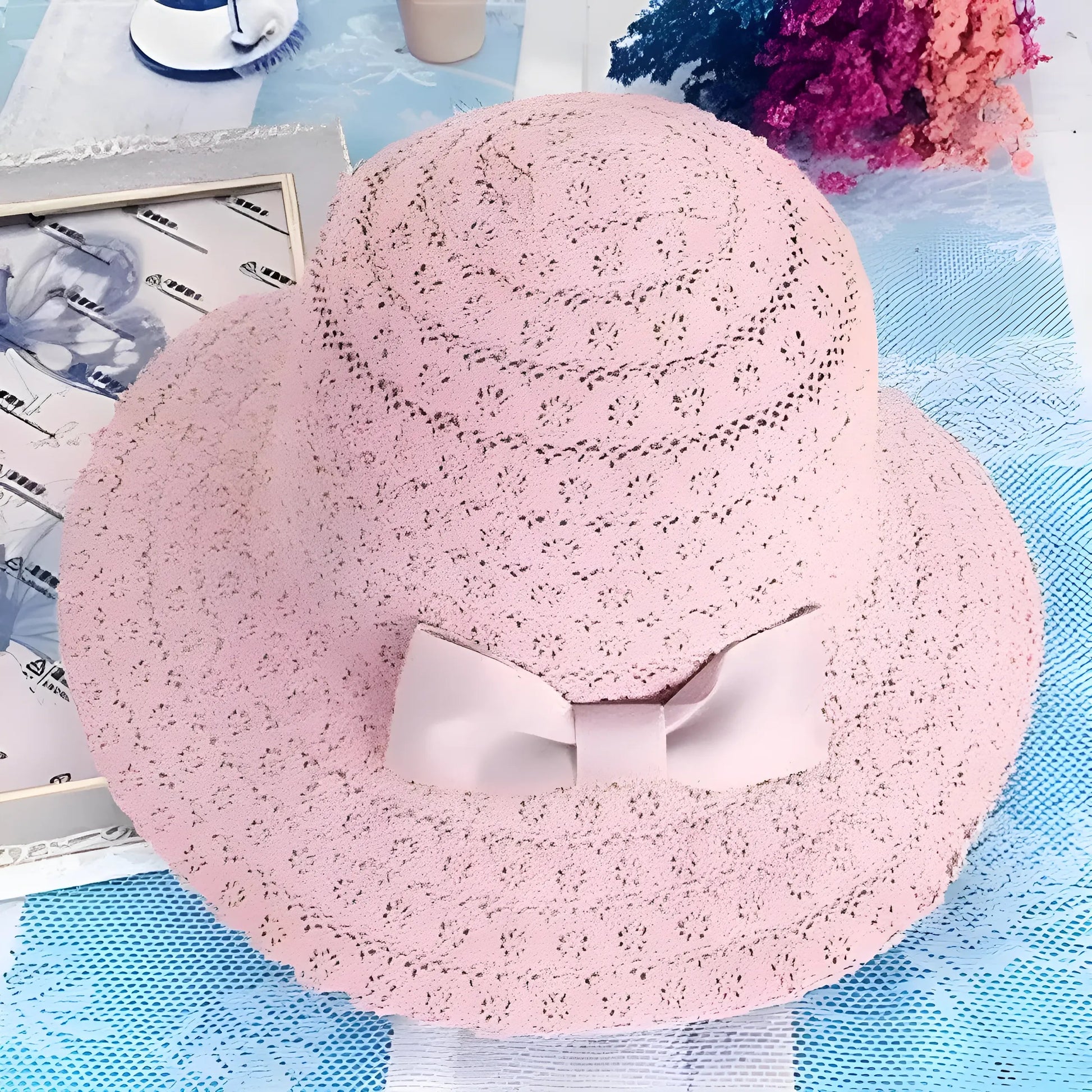 Rose Chapeau de plage avec nœud