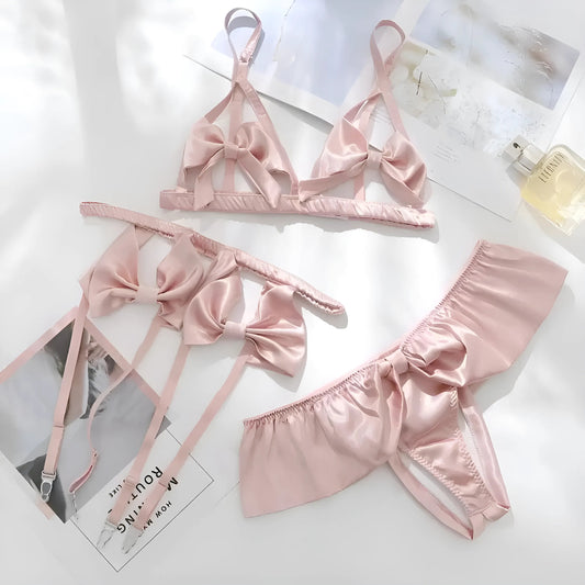 Rose Ensemble de lingerie avec porte-jarretelles et nœuds