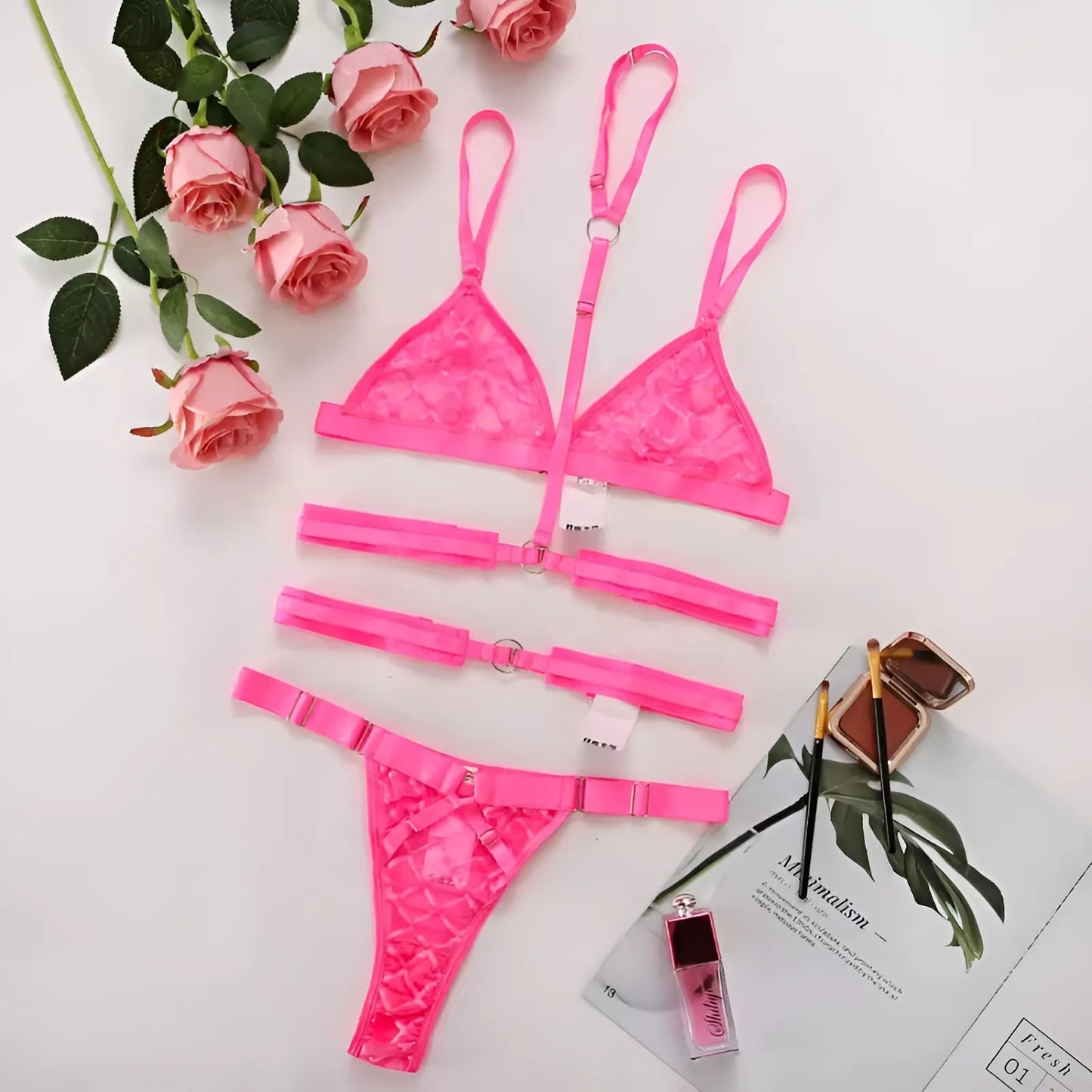 Rose Ensemble de lingerie en dentelle avec bretelles