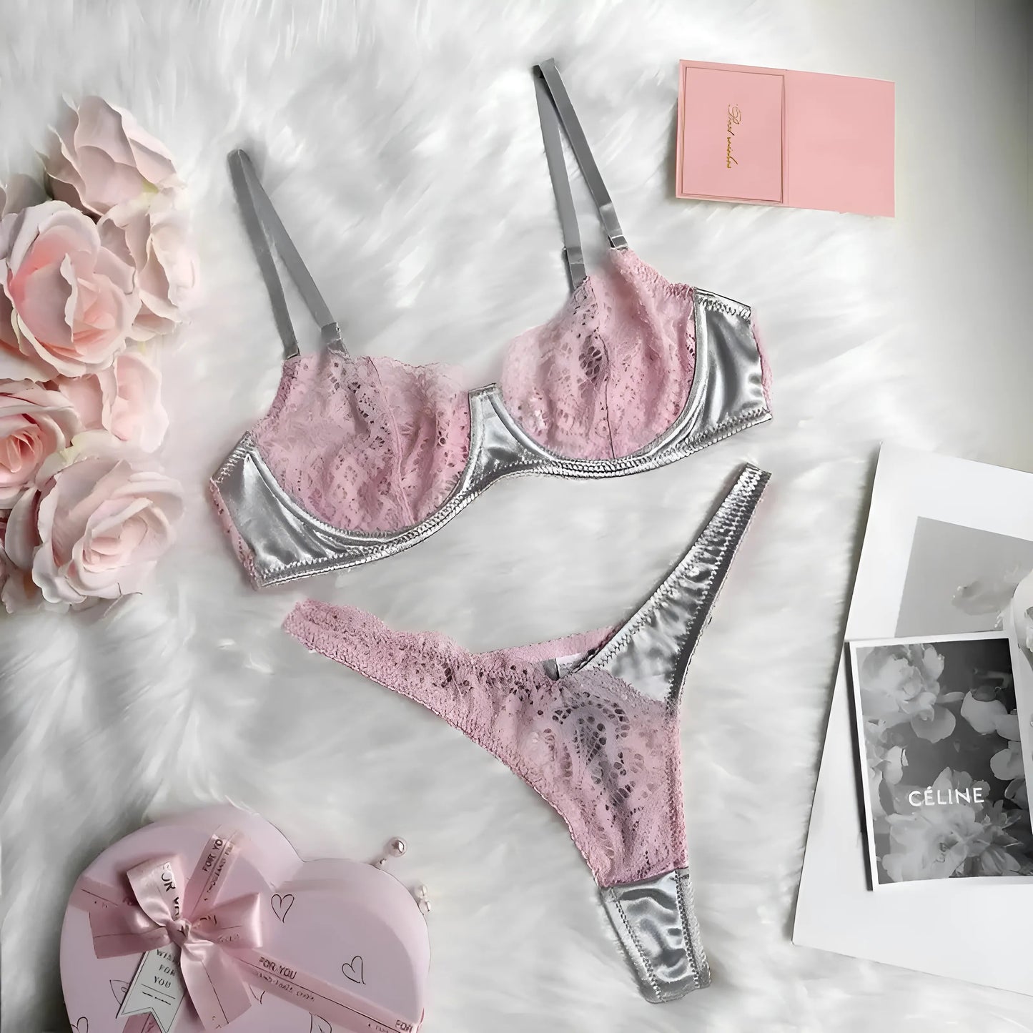 Rose Ensemble de lingerie en dentelle en matériaux mixtes