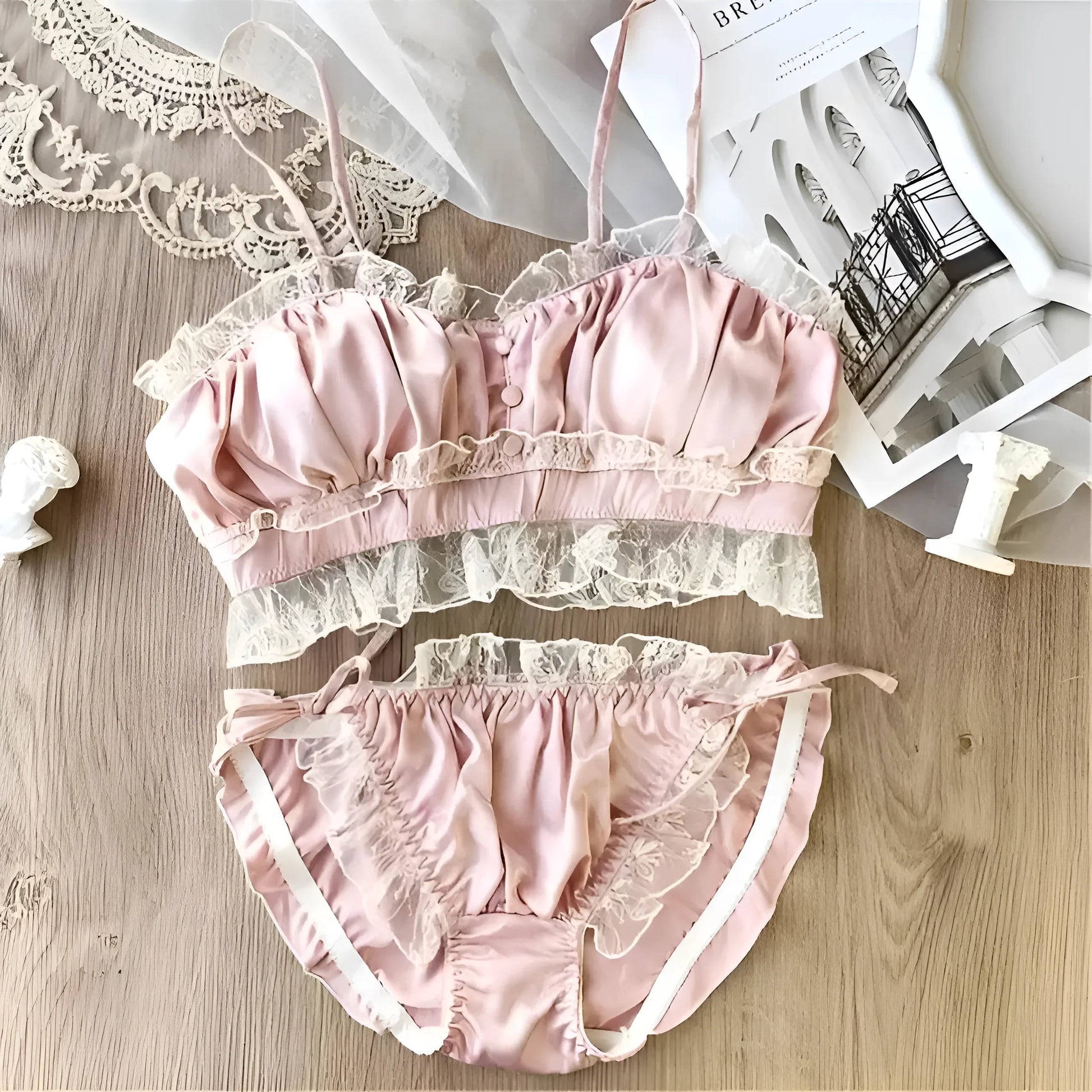 Rose Ensemble de lingerie en dentelle froncée