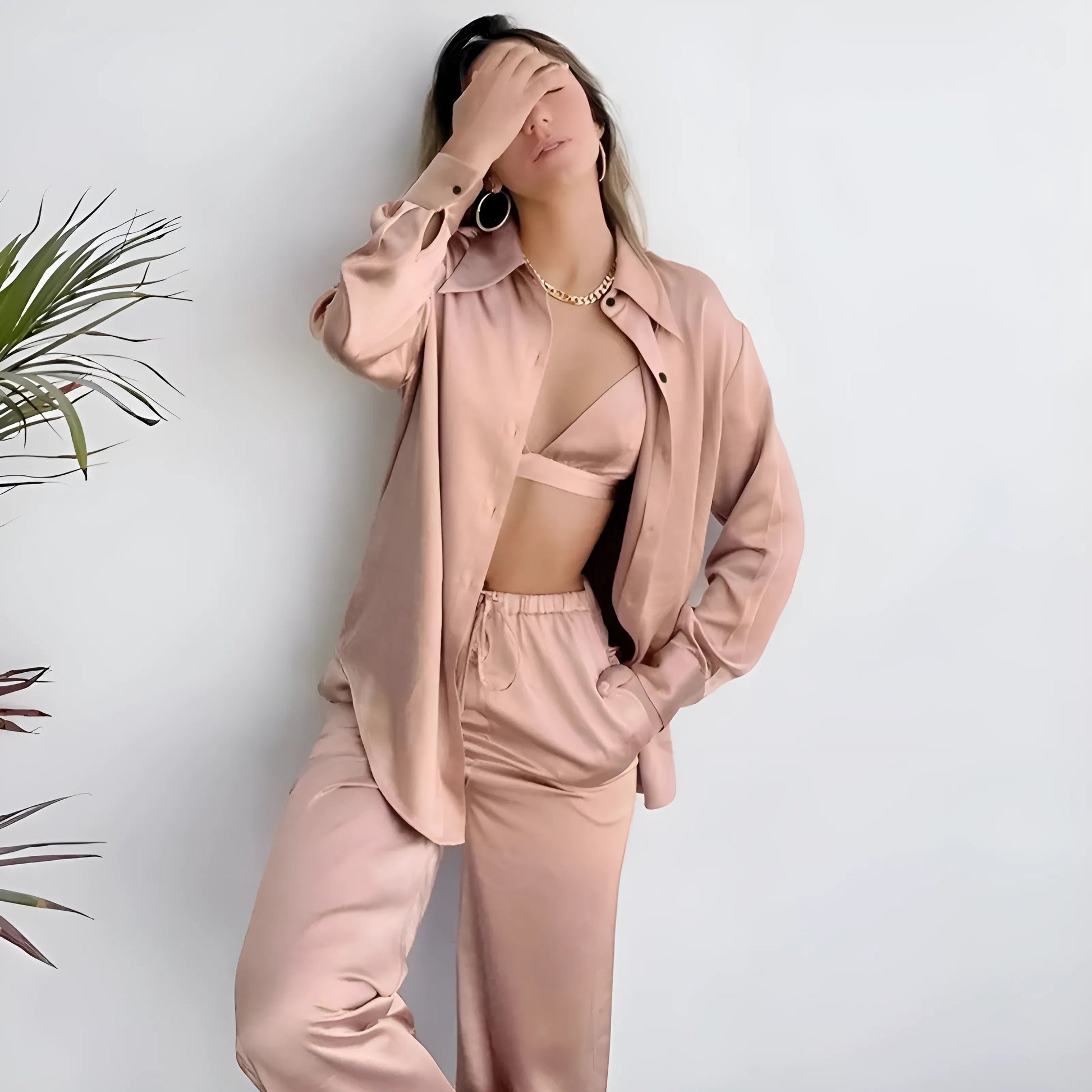 Rose Ensemble de pyjama long en satin 3 pièces