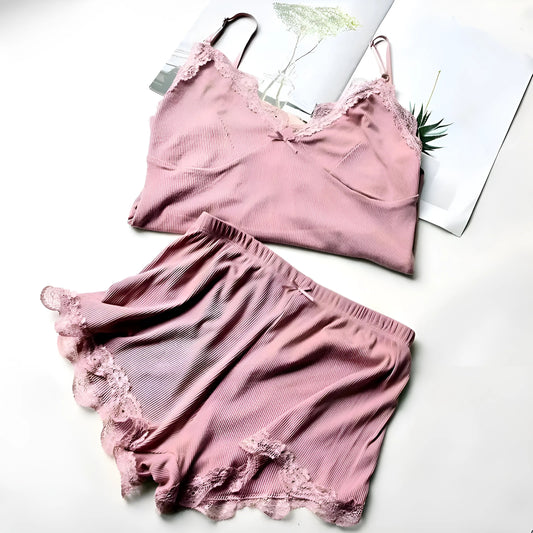 Rose Ensemble de pyjama pour femmes en deux pièces avec dentelle