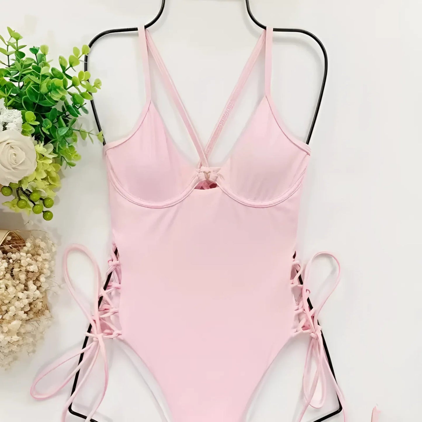 Rose Maillot de bain une pièce avec liens sur les côtés