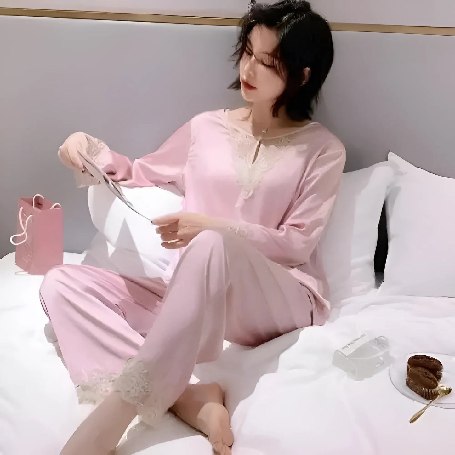 Rose Pyjamas longs à manches longues pour femmes