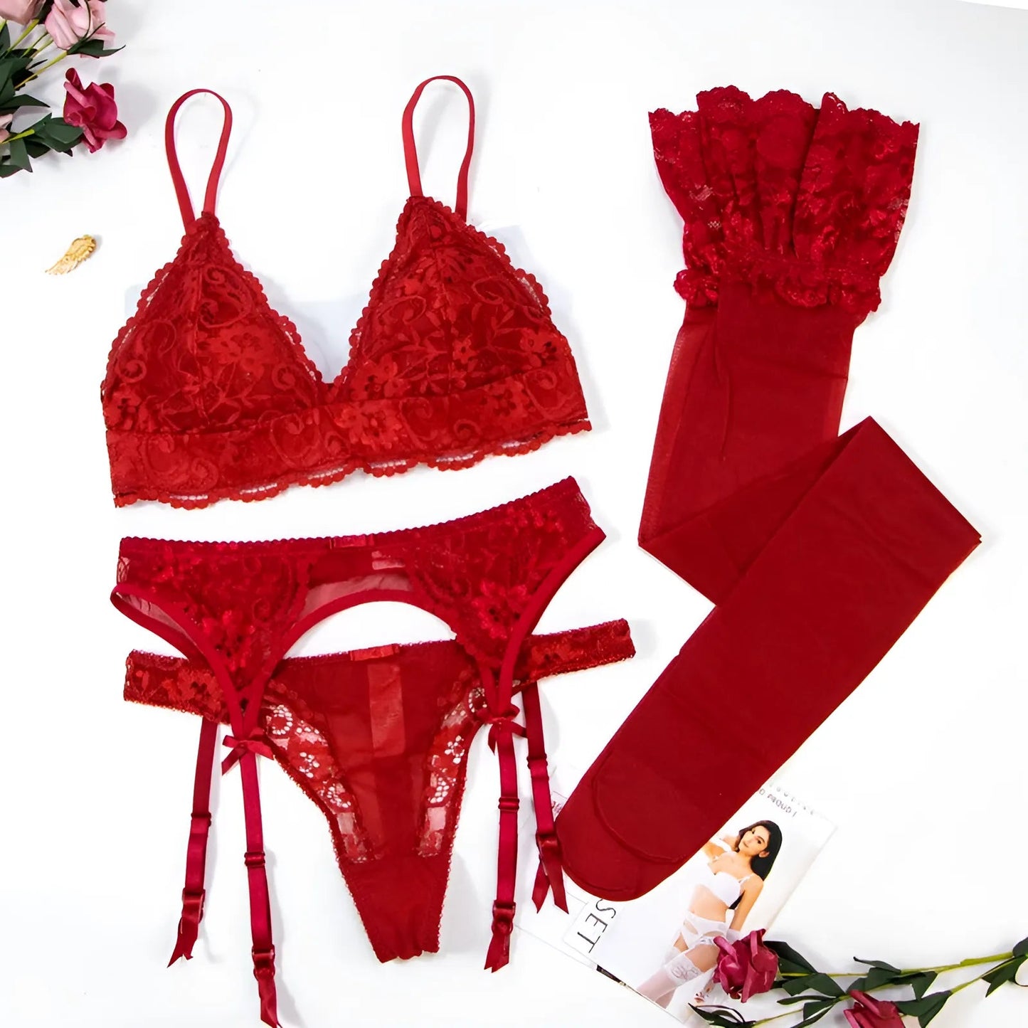 Rouge Ensemble de lingerie en dentelle 3 pièces avec mesh transparent