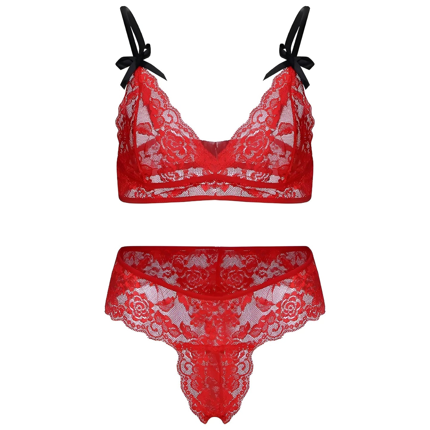 Rouge Ensemble de lingerie en dentelle avec des nœuds