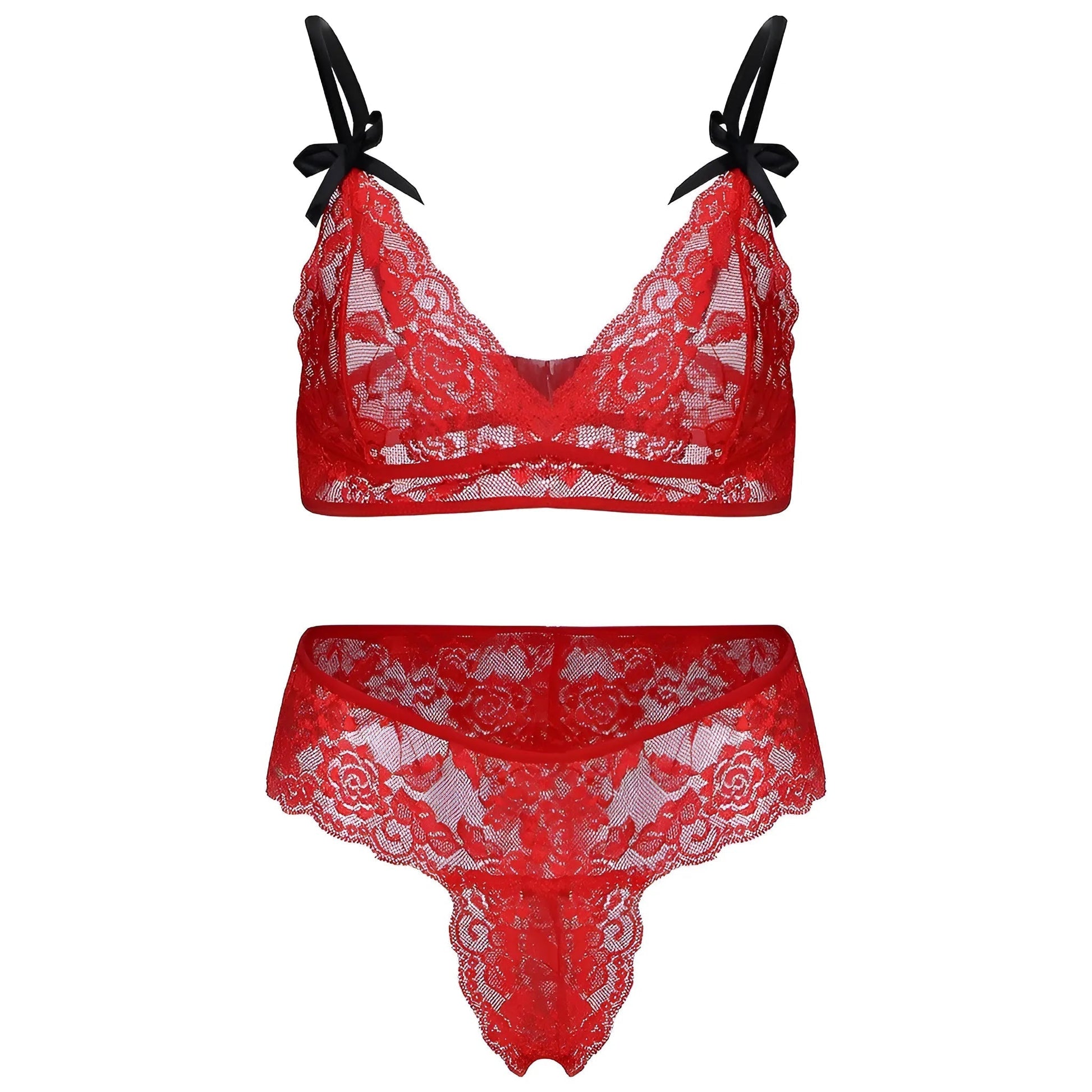 Rouge Ensemble de lingerie en dentelle avec des nœuds