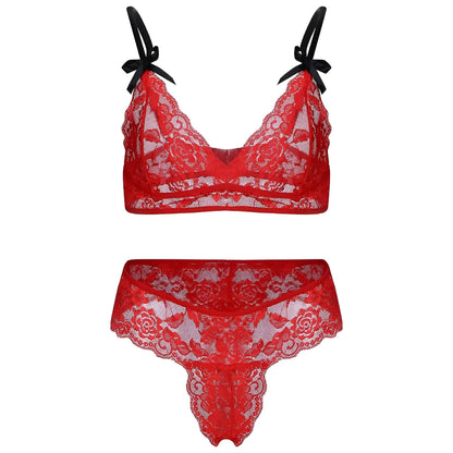 Rouge Ensemble de lingerie en dentelle avec des nœuds