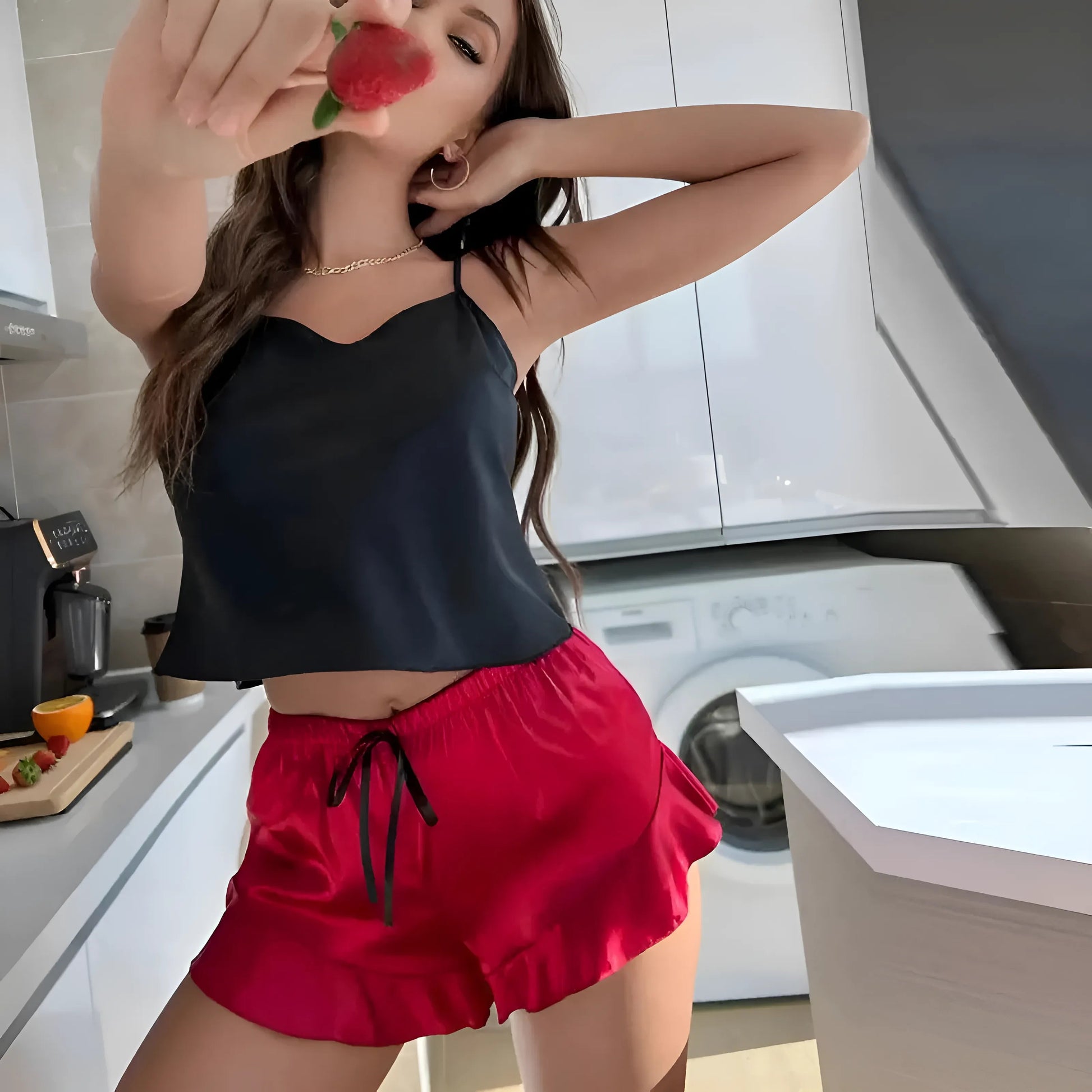 Rouge Ensemble de pyjama court avec volants