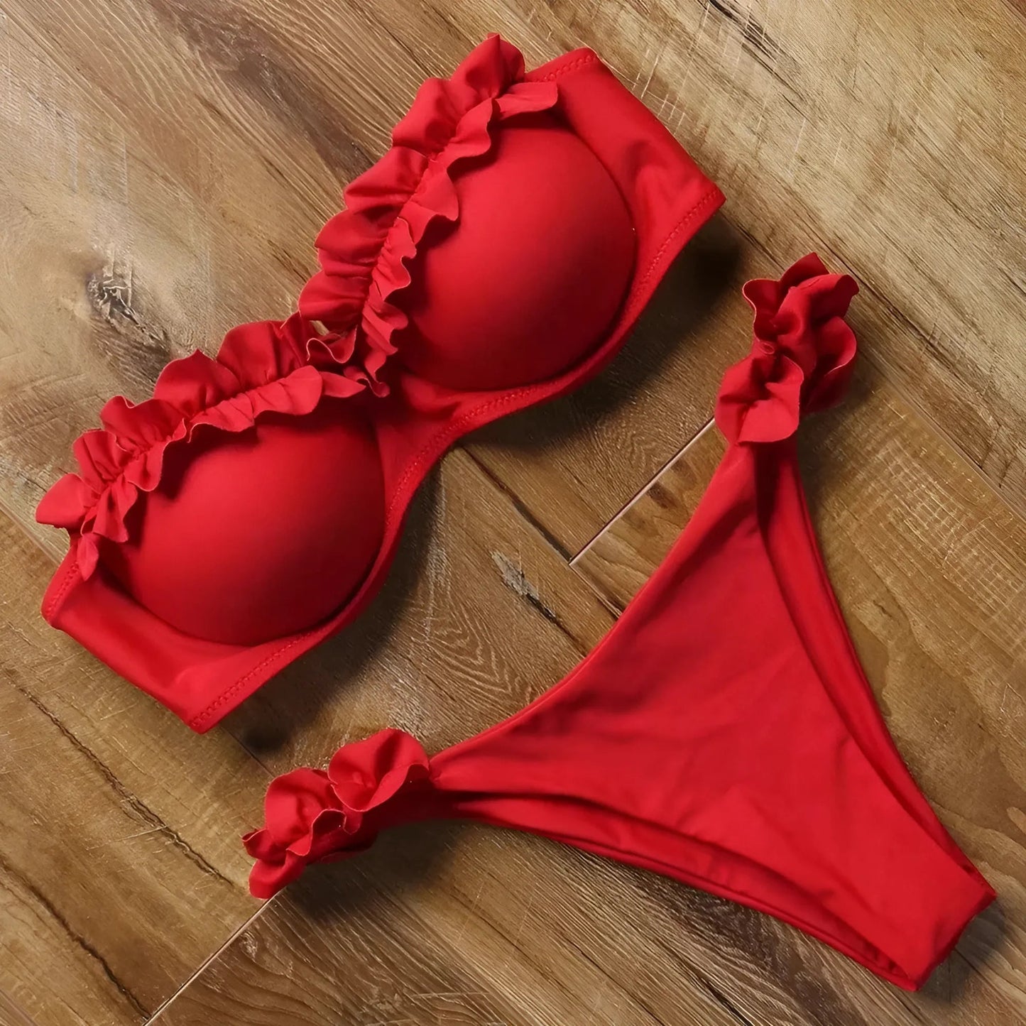 Rouge Maillot de bain bikini deux pièces avec des volants décoratifs