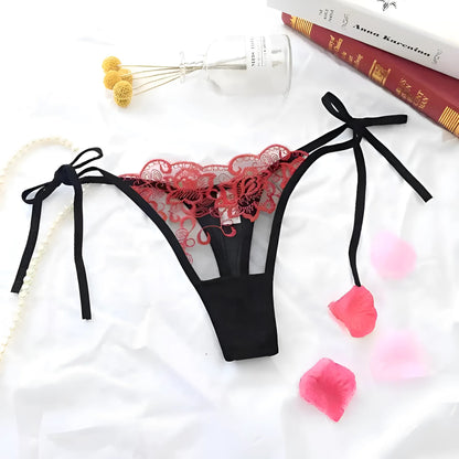 Rouge String en dentelle avec liens à la taille
