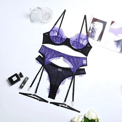 Violet Ensemble de lingerie en dentelle bicolore 3 pièces